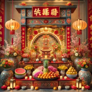 DALL·E 2024 11 19 23.26.14 An artistic depiction of a traditional Vietnamese ancestral altar beautifully decorated for the Lunar New Year. The altar features a central incense h