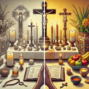 DALL·E 2024 09 10 23.16.49 A scene depicting a Catholic family altar with candles a cross and a small bowl of fruit. The setting is simple with no traditional offerings seen