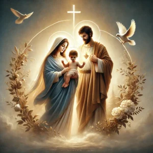 DALL·E 2024 09 20 13.42.09 A serene and beautifully detailed image of the Holy Family Jesus Mary and Joseph depicted in a peaceful setting. The family is standing together w