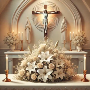 DALL·E 2024 09 20 14.10.01 A peaceful illustration of a home altar dedicated to Jesus decorated with a beautifully arranged flower bouquet. The flowers include white lilies ro