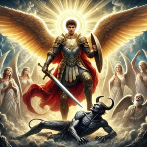 DALL·E 2024 09 24 10.30.26 A powerful and majestic depiction of Saint Michael the Archangel in full armor wielding a sword standing victorious over a defeated Satanic figure