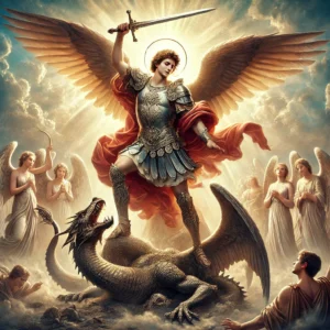 DALL·E 2024 09 24 10.40.29 A detailed and majestic depiction of Saint Michael the Archangel dressed in full armor with a sword raised high standing triumphantly over a defeate