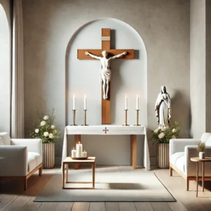 DALL·E 2024 09 27 13.54.31 A serene and respectful arrangement of a Christian altar in a modern living room. The altar features a large wooden cross placed at the center symbol