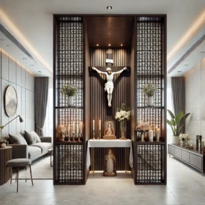 DALL·E 2024 09 27 14.00.53 A modern living room featuring a partition with a built in altar for Jesus Christ. The partition is made of dark wood with elegant carved patterns cr