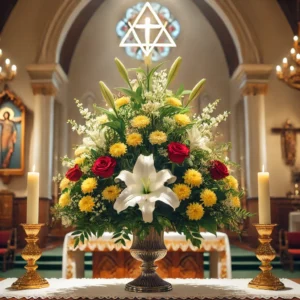 DALL·E 2024 10 04 11.09.41 An image showing a beautifully arranged flower arrangement for a church altar symbolizing reverence and spirituality. The flower arrangement features