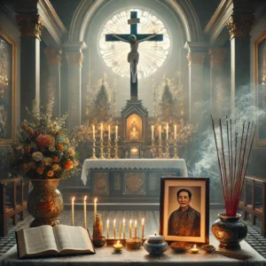 DALL·E 2024 10 06 14.16.44 An image showing a subtle contrast between a Catholic church altar and a traditional Vietnamese family altar with incense. On one side the Catholic c