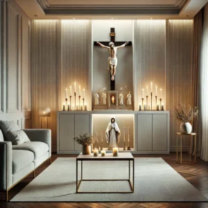 DALL·E 2024 10 07 11.16.57 A modern living room with a neatly arranged Catholic altar. The altar features a crucifix at the center flanked by candles and a statue of the Virgin