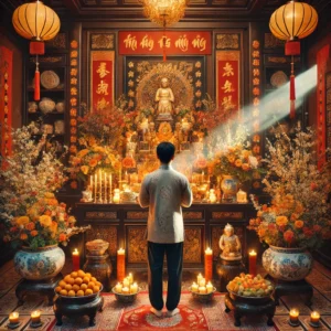 DALL·E 2024 10 07 11.29.11 A Vietnamese family scene during Tet with a person standing in front of an ancestral altar in a traditional living room. The altar is beautifully dec