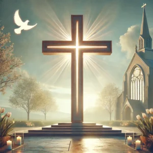 DALL·E 2024 10 09 11.53.47 A serene and spiritual scene of a large Christian cross in a church or outdoor setting symbolizing the meaning of the cross. The cross is illuminated