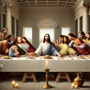 DALL·E 2024 10 09 11.57.32 A depiction of the Last Supper of Jesus Christ with His disciples. The scene captures the moment at a long dining table where Jesus is seated in the c