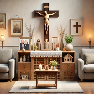 DALL·E 2024 10 10 12.04.17 A scene representing a Christian familys living space with a combination of a small ancestor altar placed respectfully below a Christian altar with a