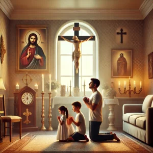 DALL·E 2024 10 10 12.08.48 A serene scene depicting a Catholic family gathered in their living room with a Christian altar in the background featuring a large crucifix candles
