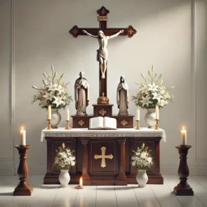 DALL·E 2024 10 19 10.05.16 An illustration of a Catholic ancestral altar in a Vietnamese home. The altar is clean simple and elegant. At the center of the altar is a large woo