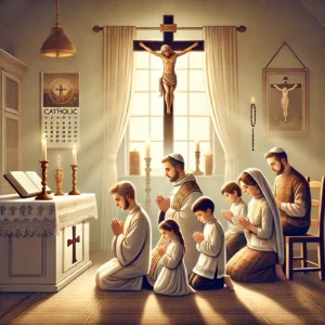 DALL·E 2024 10 19 10.10.15 An illustration representing Catholic customs showing a family in traditional attire praying at home. The setting includes an altar with a crucifix