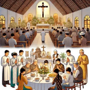 DALL·E 2024 10 19 10.10.19 An illustration depicting the customs of Christians particularly those in a Vietnamese setting. The scene includes people attending a church service