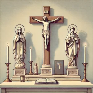 DALL·E 2024 10 21 22.45.15 A detailed illustration of a Catholic altar typically found in a home. The altar features a central wooden cross statues of the Virgin Mary and Saint