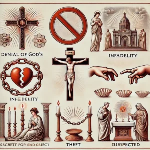 DALL·E 2024 10 21 23.17.29 An illustration representing key taboos in Catholicism. The image features symbolic representations of forbidden actions such as a cross with a prohi
