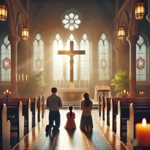 DALL·E 2024 12 05 22.31.03 A peaceful and serene church interior with a family kneeling in prayer during a religious service. The setting features warm sunlight streaming throug