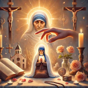 DALL·E 2024 12 05 22.38.50 An artistic depiction inspired by Saint Teresa of Lisieux showcasing her in a serene setting surrounded by symbols of love and humility. The scene in