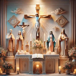 DALL·E 2024 12 19 07.16.55 An artistic depiction of a Catholic altar set up in a traditional Vietnamese home featuring a central crucifix statues of Jesus Christ Virgin Mary