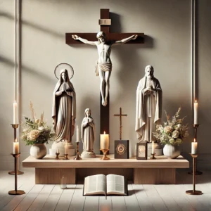 DALL·E 2024 12 19 07.20.00 An artistic depiction of a modern Catholic altar designed for a home setting showcasing simplicity and elegance. The altar features a central crucifi