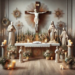 DALL·E 2024 12 30 18.51.33 An artistic depiction of a Catholic altar designed for a home setting specifically showcasing festive decorations suitable for Christmas or Easter. T