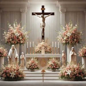 DALL·E 2024 12 30 18.54.58 An artistic depiction of a Catholic altar beautifully adorned with fresh flowers like lilies roses and orchids. The central crucifix and statues of
