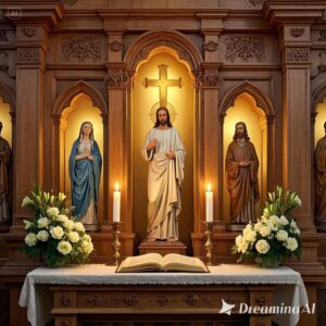 An elegant Catholic wooden altar shelf crafted from premium wood with intricate carvings of religiou. 1