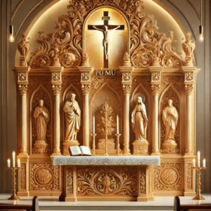 DALL·E 2025 01 08 15.05.19 An elegant depiction of a Catholic altar made of luxurious Po Mu wood. The altar features intricate carvings with religious motifs including a centra