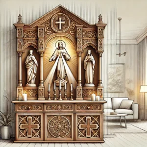 DALL·E 2025 01 08 15.26.32 An artistic representation of a Catholic wooden altar shelf made with a modern and elegant design. The shelf is crafted from high quality wood showca