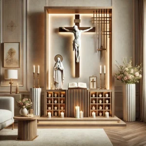 DALL·E 2025 01 13 15.50.41 An artistic depiction of a modern Catholic altar with a contemporary design featuring a wooden structure a central crucifix candles and soft light